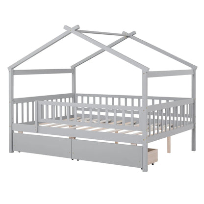 House bed with 2 drawers in gray finish, storage bed frame with slatted base on Tampa Home & Garden Store