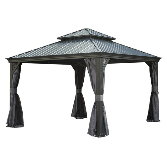 Gazebo 13x13ft outdoor hardtop galvanized steel double roof HouseOfZazla curtains on Tampa Home & Garden Store