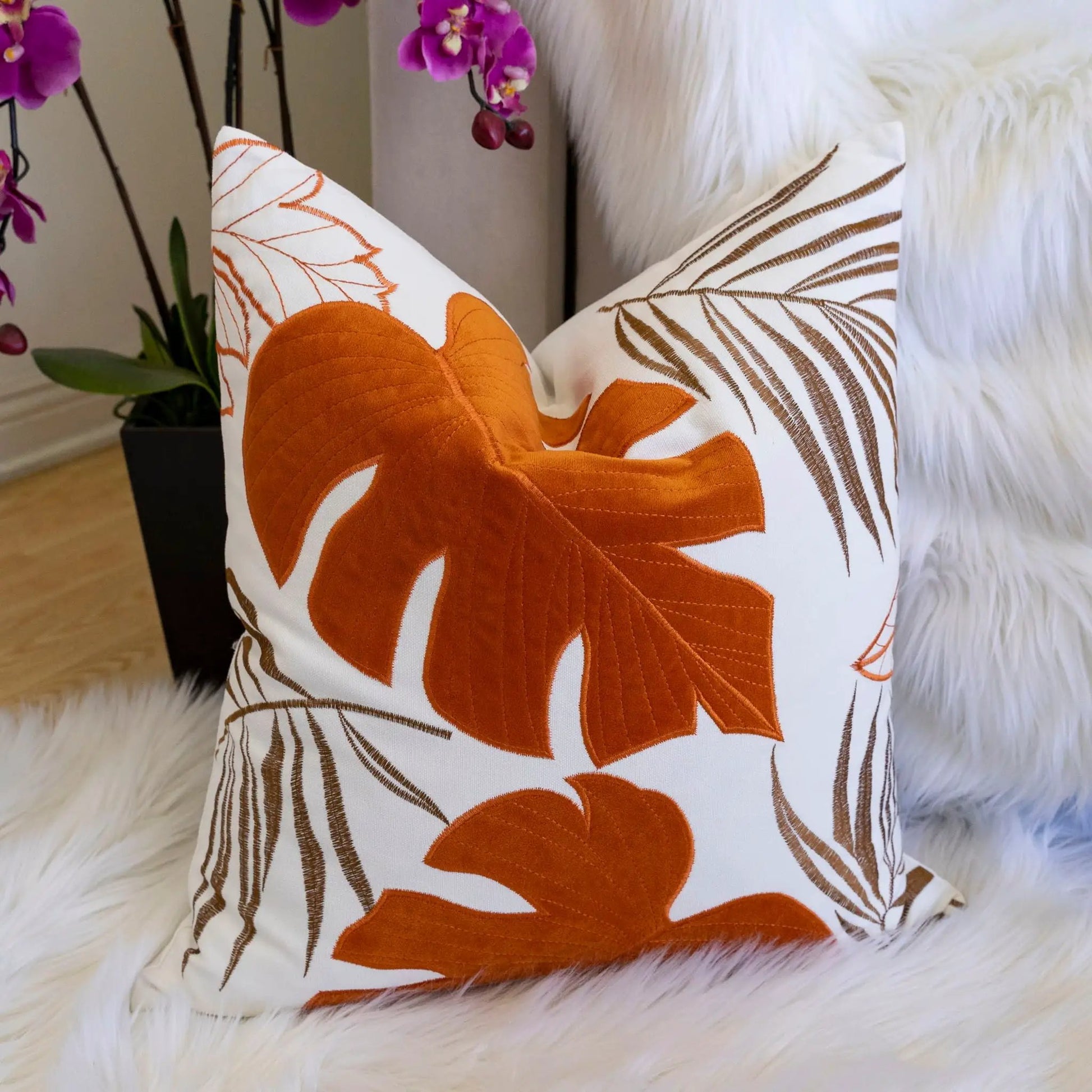 Autumn Vibes Leaf Accent Pillows Unique Piece Furniture orange leaf pattern on white fabric on Tampa Home & Garden Store