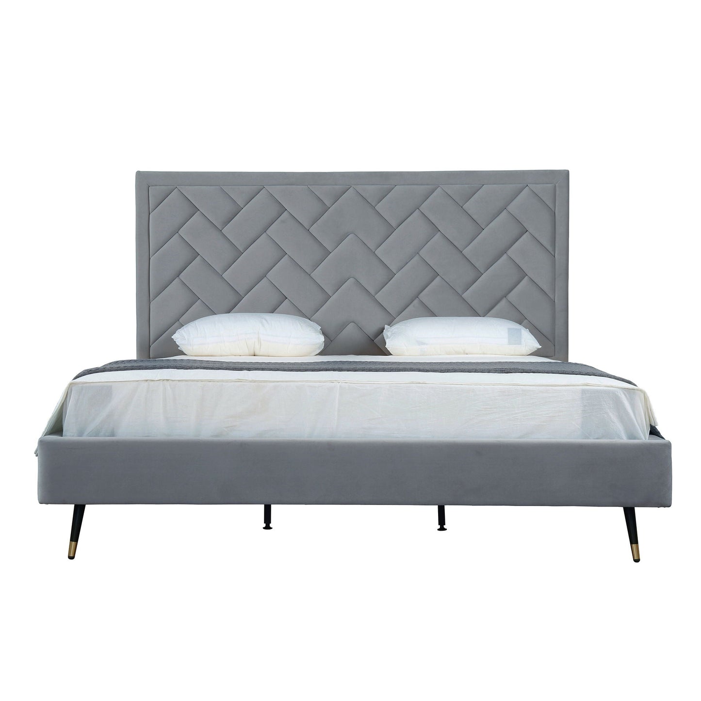 Crosby upholstered bed with tufted gray headboard and slats, slim black legs on Tampa Home & Garden Store