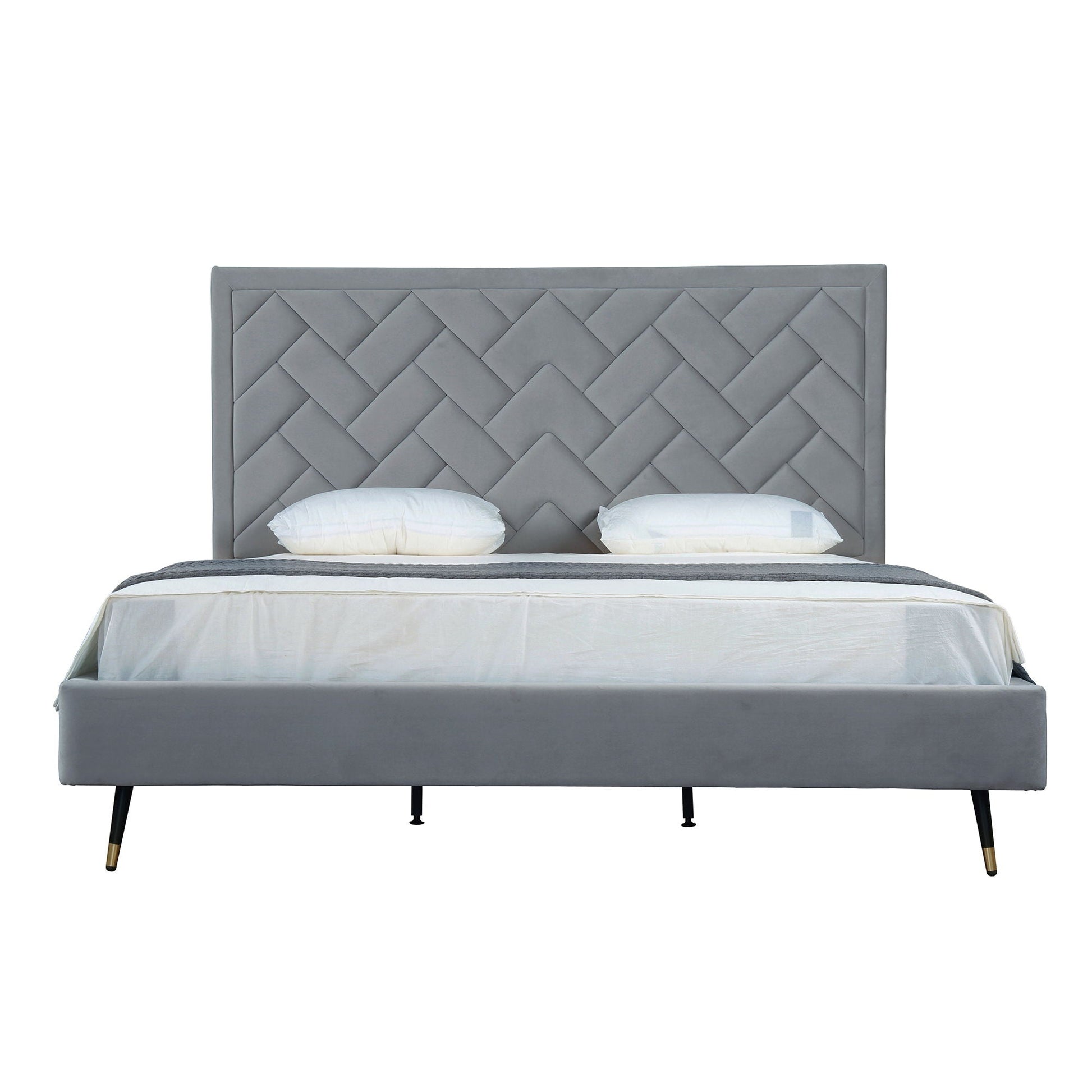 Crosby upholstered bed with tufted gray headboard and slats, slim black legs on Tampa Home & Garden Store