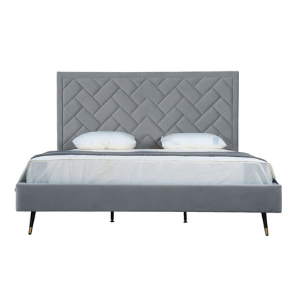 Crosby upholstered bed with tufted gray headboard and slats, slim black legs on Tampa Home & Garden Store