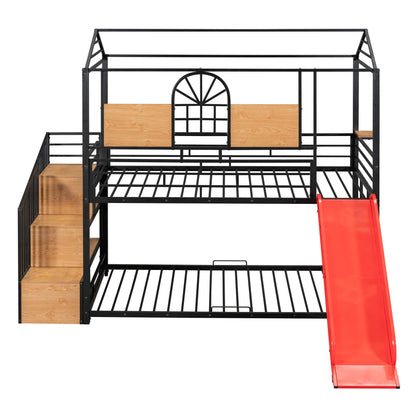 Metal House Bunk Bed With Slide and Storage
