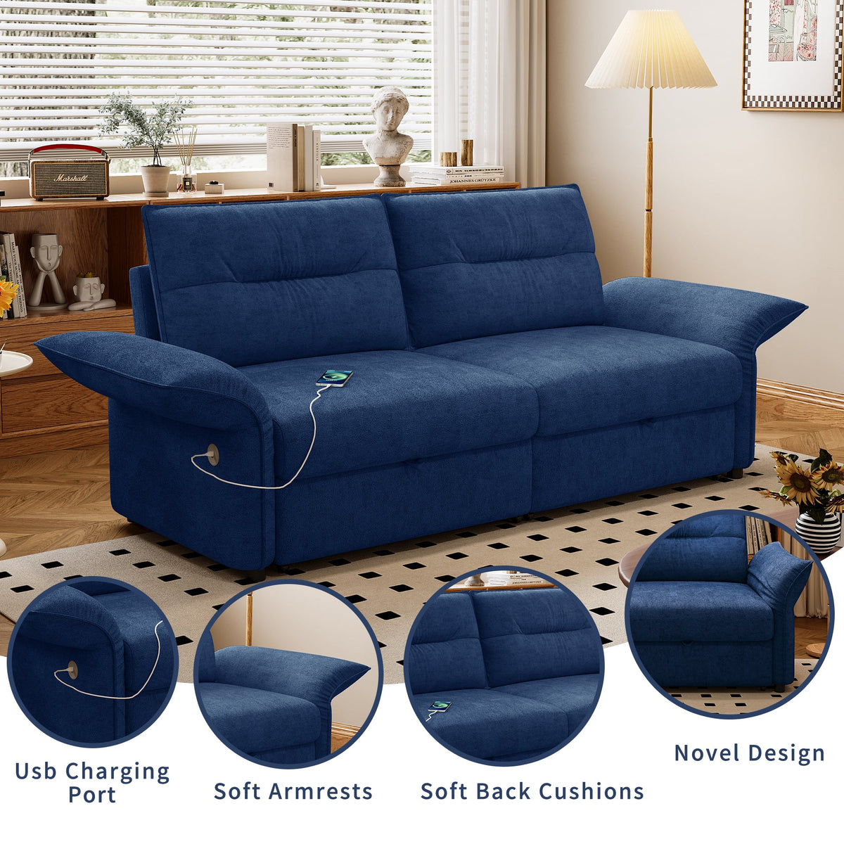 Multi-Functional 85-Inch Convertible Sofa Bed by HouseOfZazla in blue fabric with USB port on Tampa Home & Garden Store