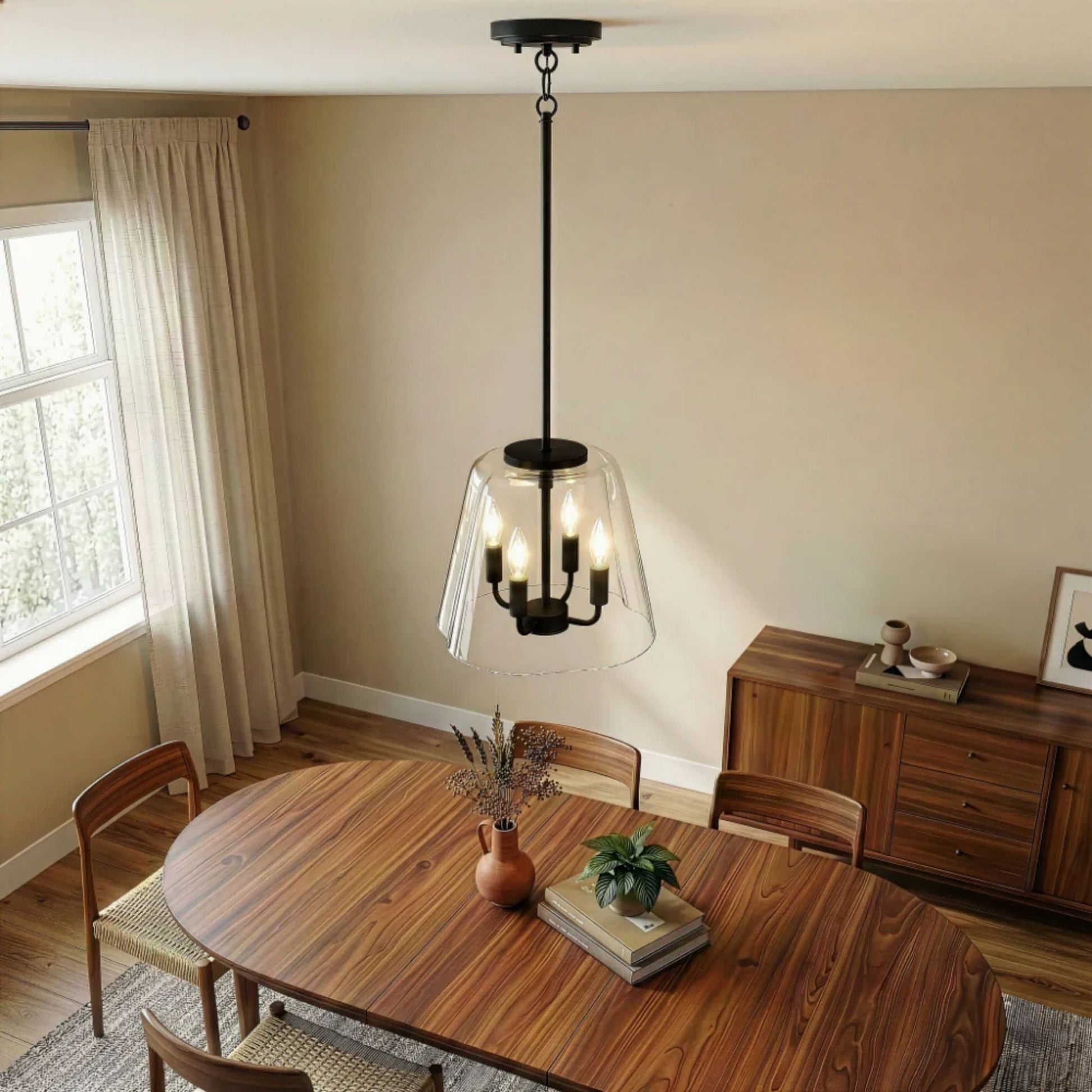 Soiree 4-Candle Lights Pendant by HouseOfZazla, black metal with clear glass shade on Tampa Home & Garden Store