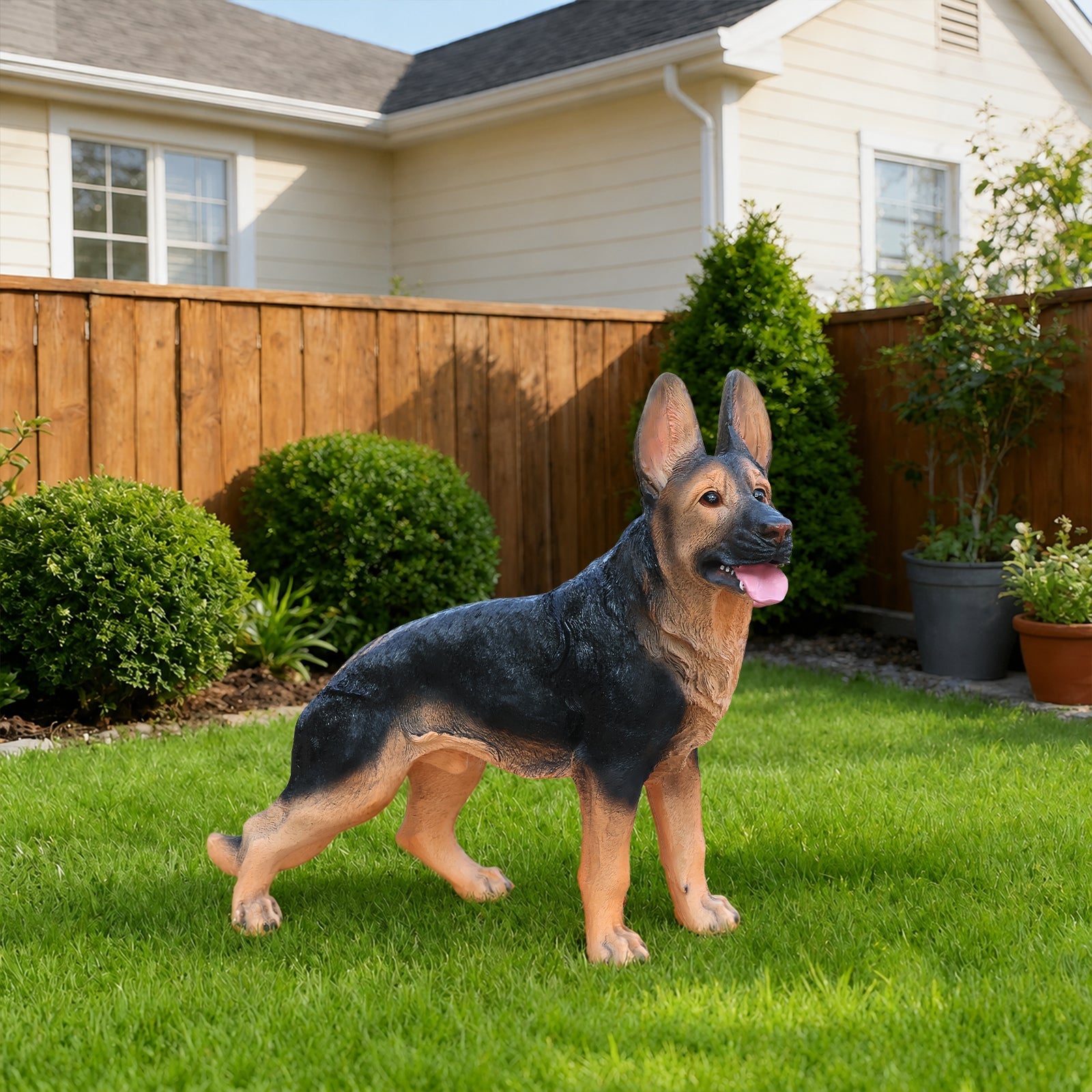 Outdoor German Shepherd Dog Statue greeter for garden, lifelike black and tan coat on Tampa Home & Garden Store