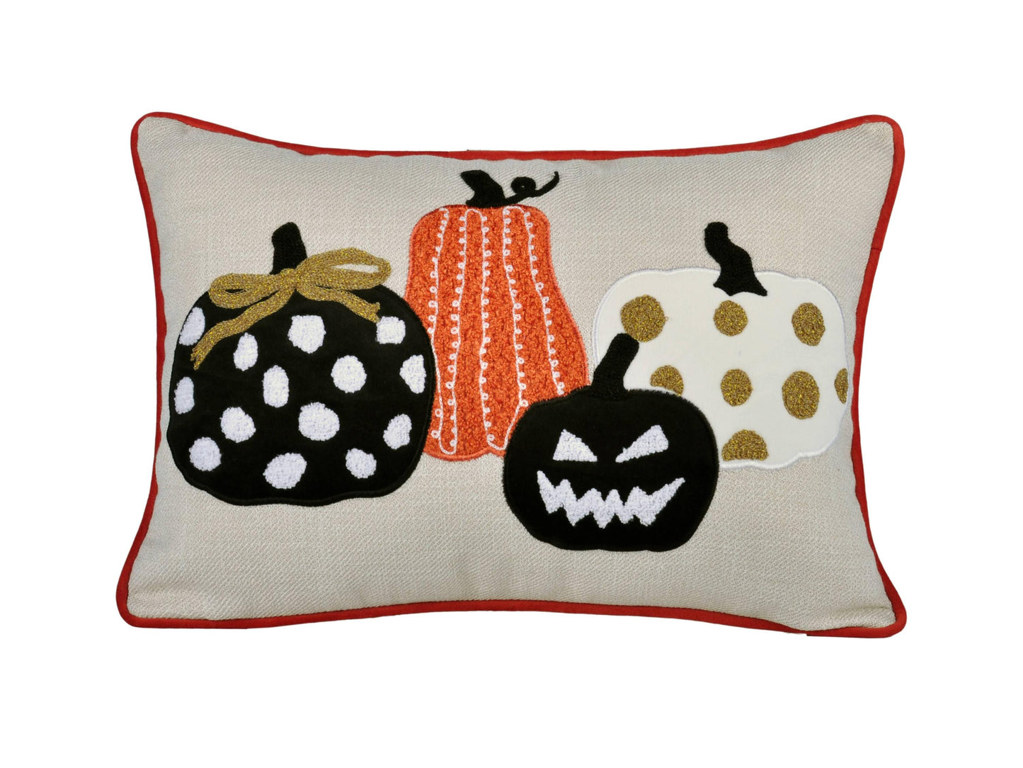 Embroidered Halloween pumpkin pillow with three pumpkins on beige linen, red edge piping on Tampa Home & Garden Store
