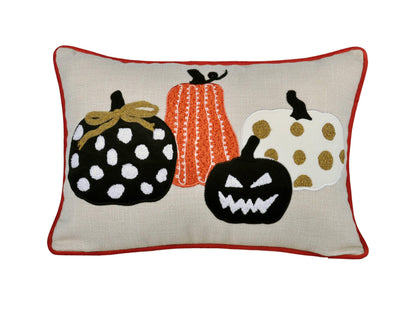 Embroidered Halloween pumpkin pillow with three pumpkins on beige linen, red edge piping on Tampa Home & Garden Store