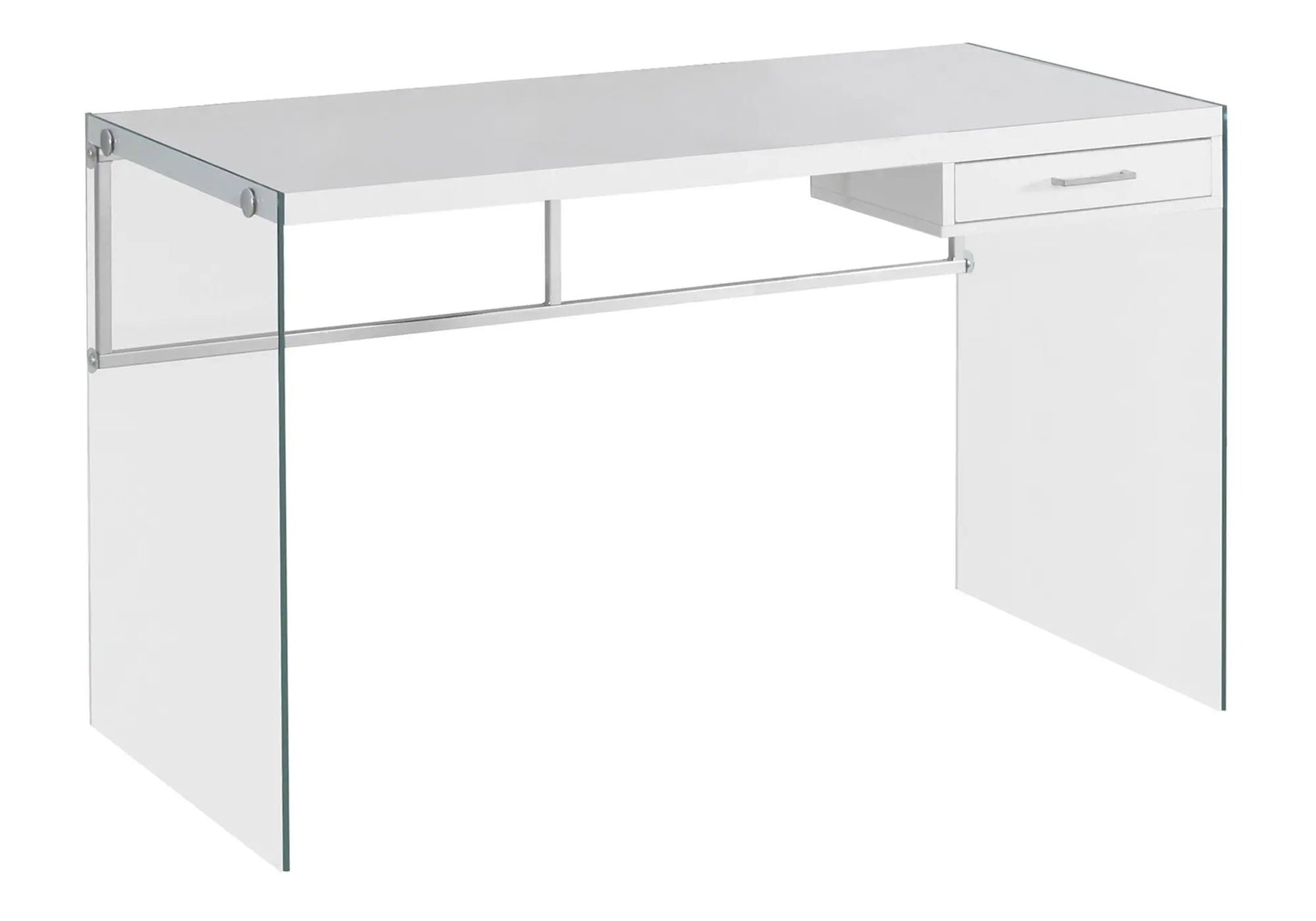 Contemporary writing desk with white top, glass sides and a right drawer on Tampa Home & Garden Store