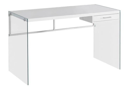 Contemporary writing desk with white top, glass sides and a right drawer on Tampa Home & Garden Store