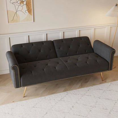 Dark gray tufted sofa bed with nailhead trim and legs by Unique Piece Furniture on Tampa Home & Garden Store