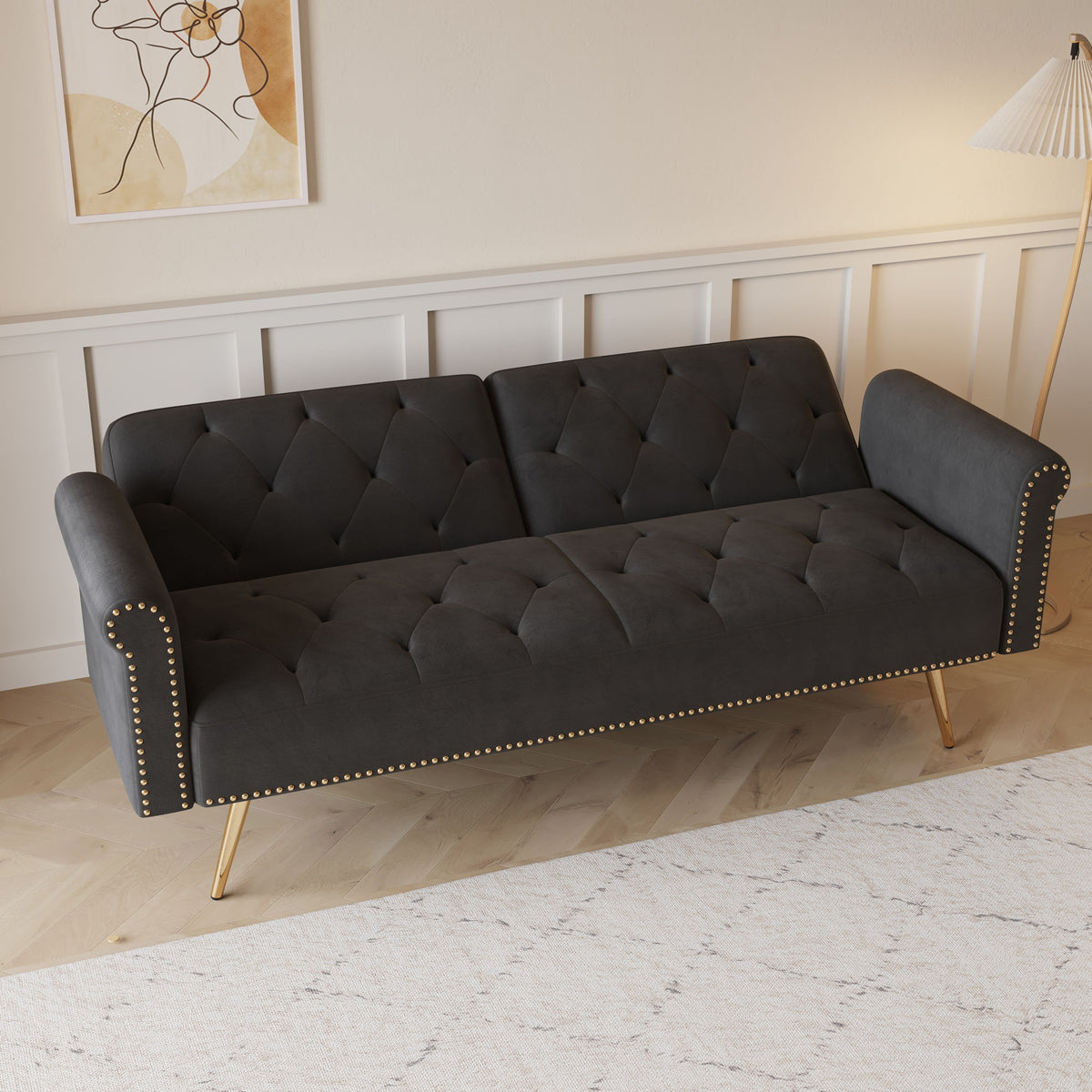 Velvet tufted futon sofa bed in dark gray with nailhead trim by HouseOfZazla on Tampa Home & Garden Store