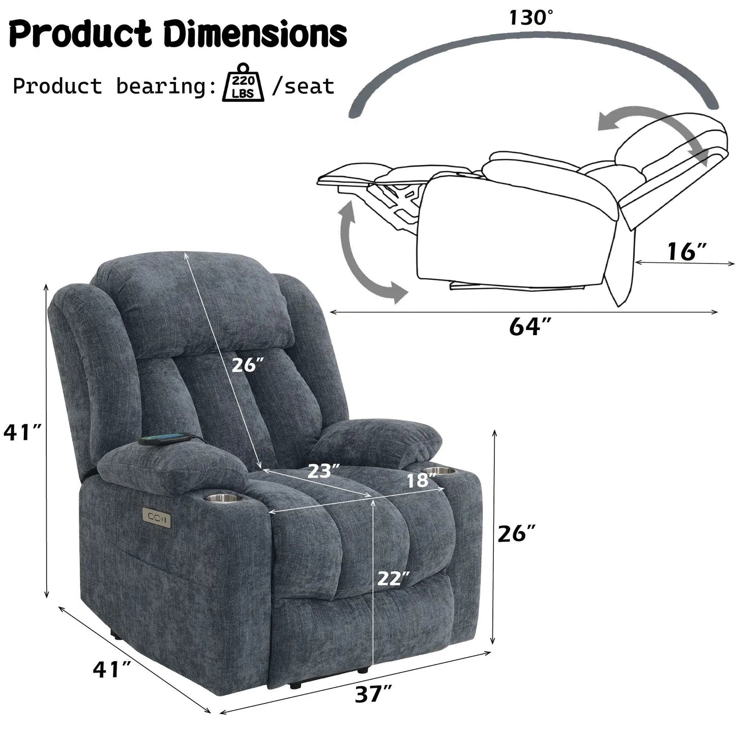Power Motion Recliner with Lift and Massage, blue fabric by Unique Piece Furniture on Tampa Home & Garden Store