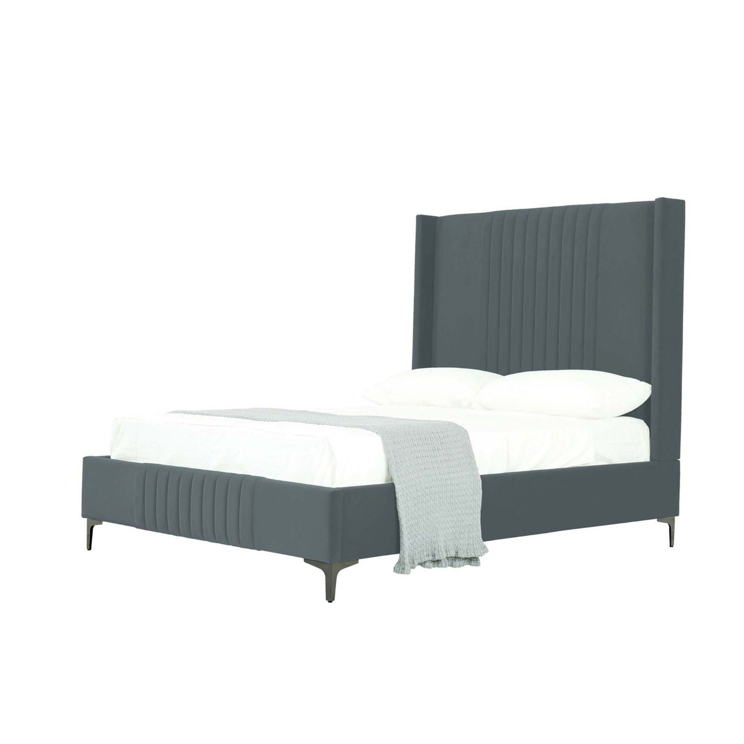 Promenade upholstered bed with channel tufted headboard in dark gray fabric and linens on Tampa Home & Garden Store