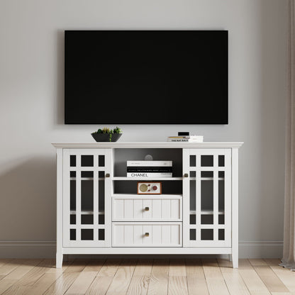 Handcrafted tall white TV media stand with lattice panel doors and open shelves on Tampa Home & Garden Store
