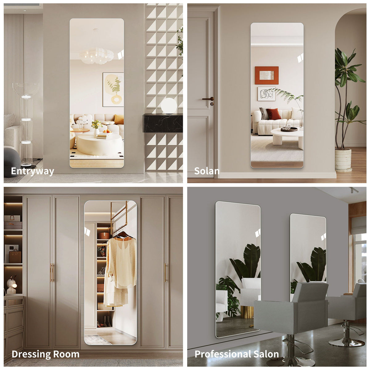 Full Body Round Corner Mirror wall mirror shown in entryway and dressing room; four views on Tampa Home & Garden Store