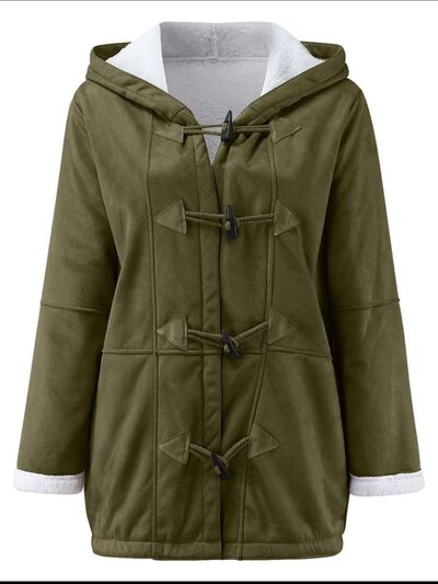 Full Size Pocketed Hooded Toggle Jacket olive green by Stevvex with fleece-lined hood on Tampa Home & Garden Store