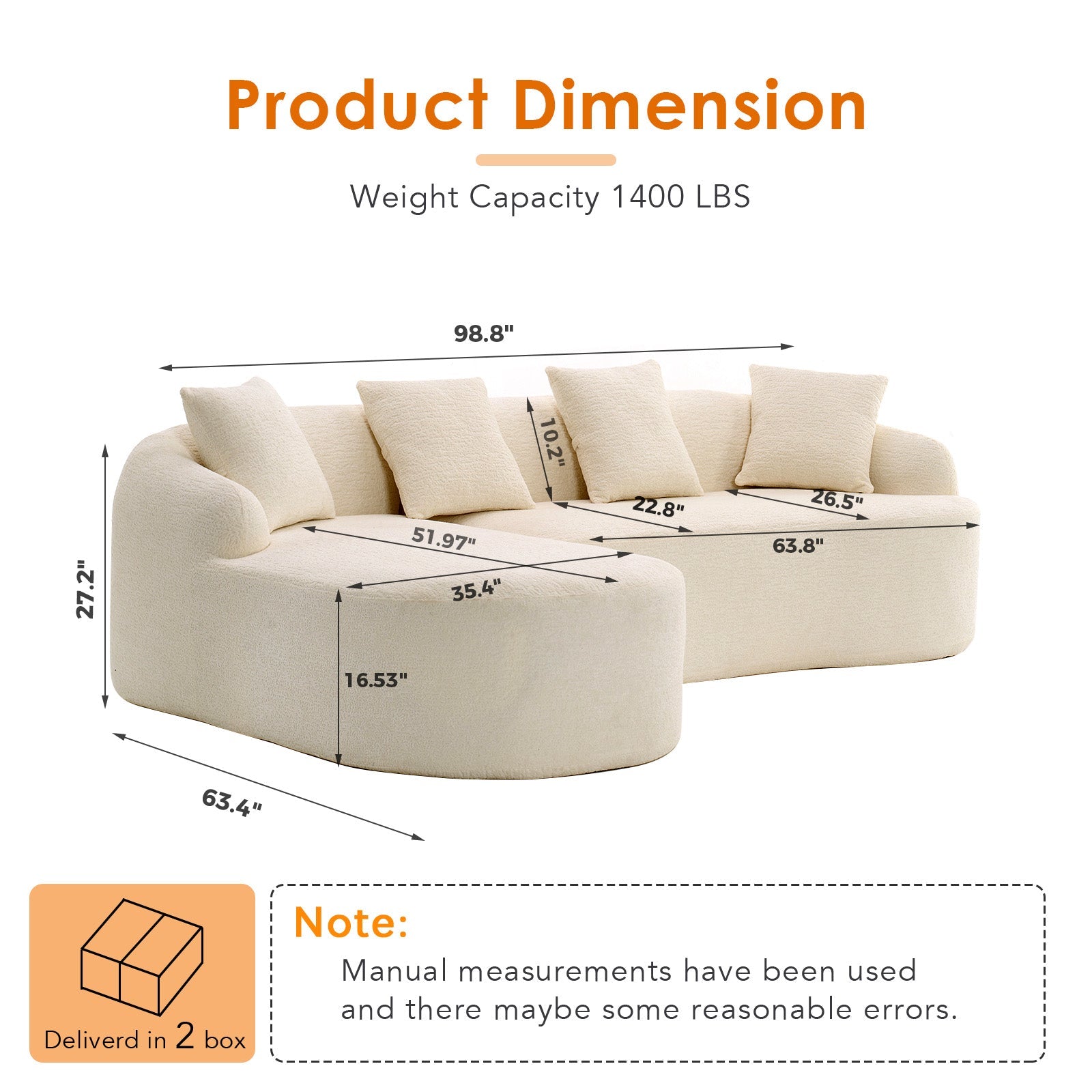 Boneless L-shaped sectional sofa with curved chaise in cream boucle fabric by HouseOfZazla on Tampa Home & Garden Store