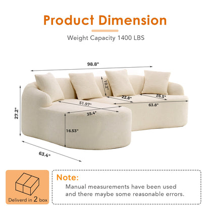 Boneless L-shaped sectional sofa with curved chaise in cream boucle fabric by HouseOfZazla on Tampa Home & Garden Store