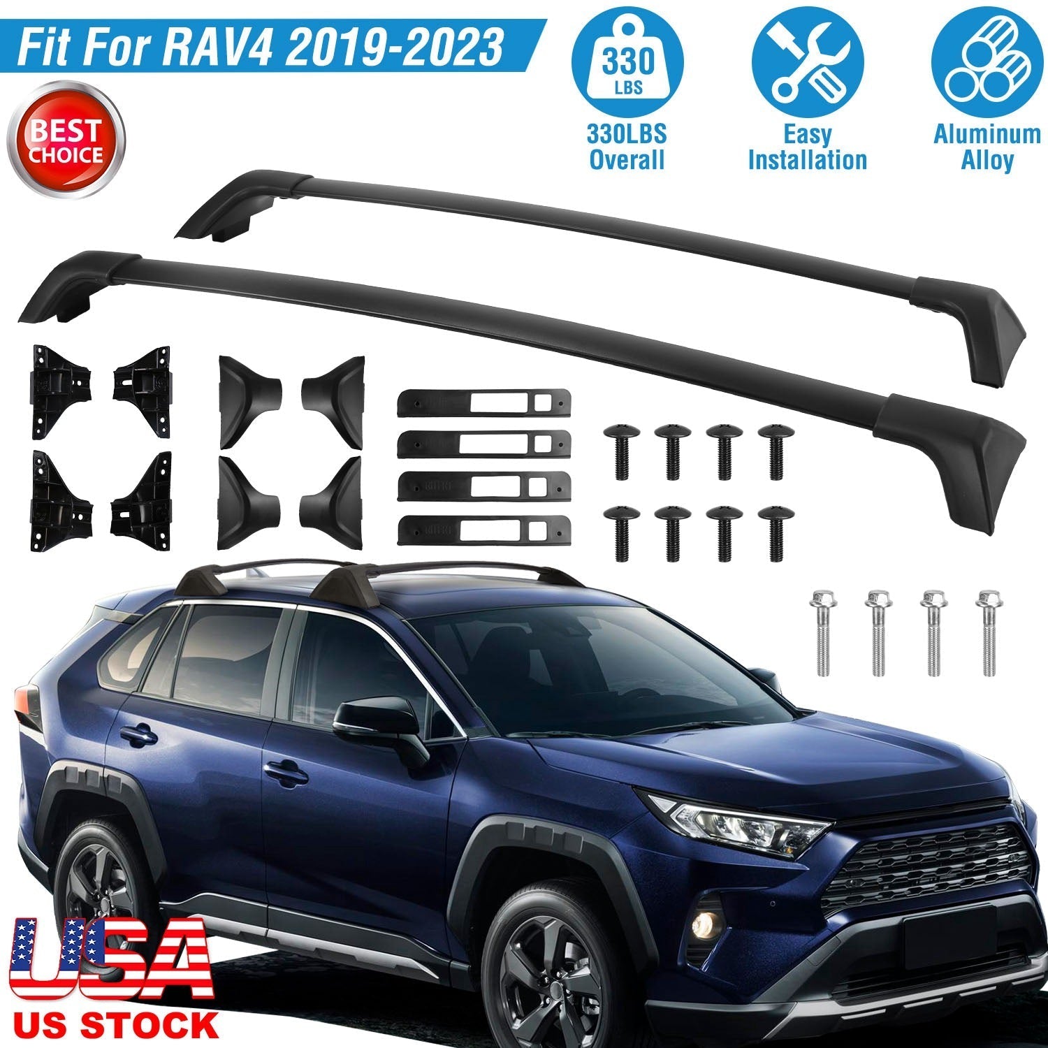 Black aluminum roof rack cross bars for Toyota RAV4 2019-2024 with side rails and hardware on Tampa Home & Garden Store