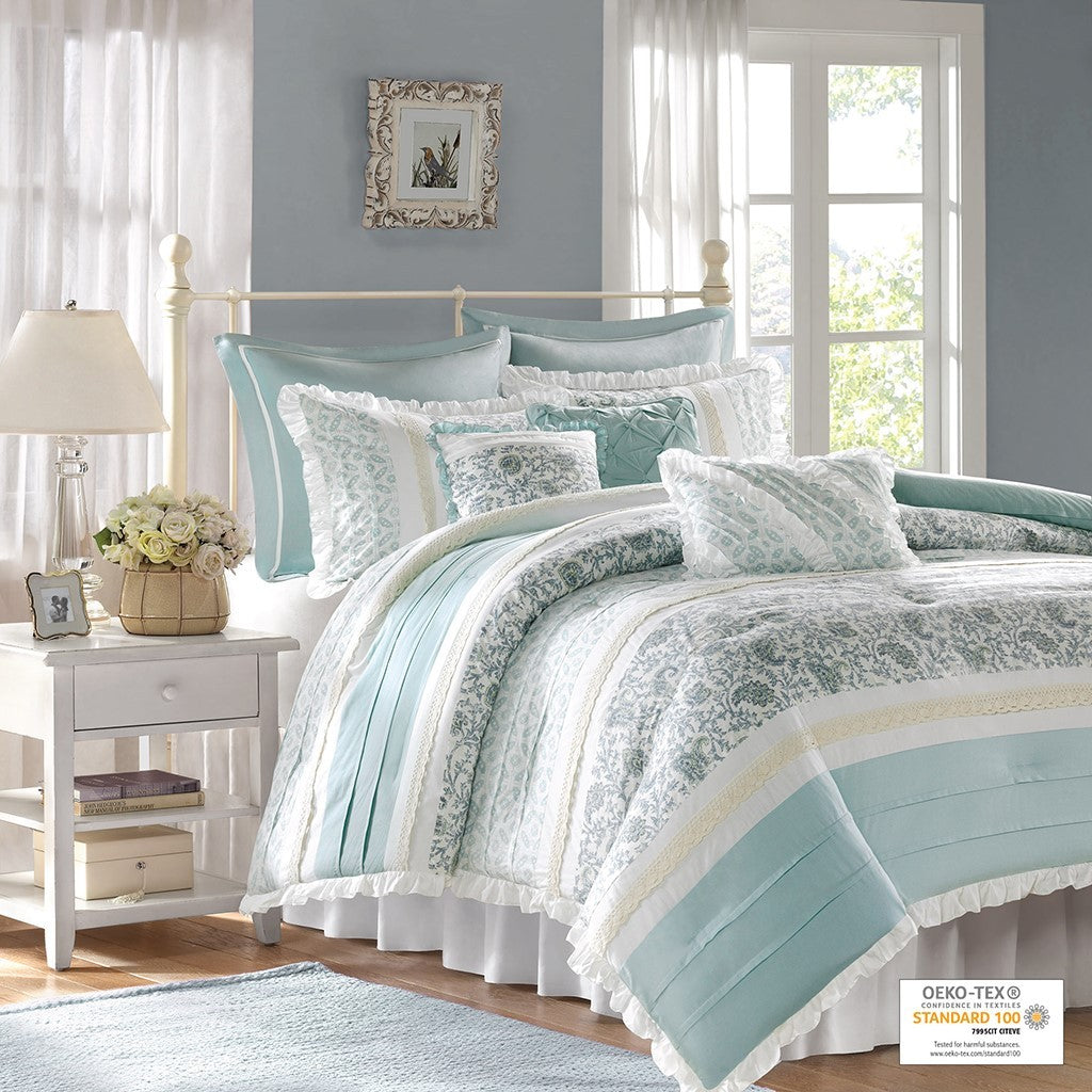 9 Piece Cotton Percale Comforter Set Aqua by HouseOfZazla on bed with aqua pillows on Tampa Home & Garden Store