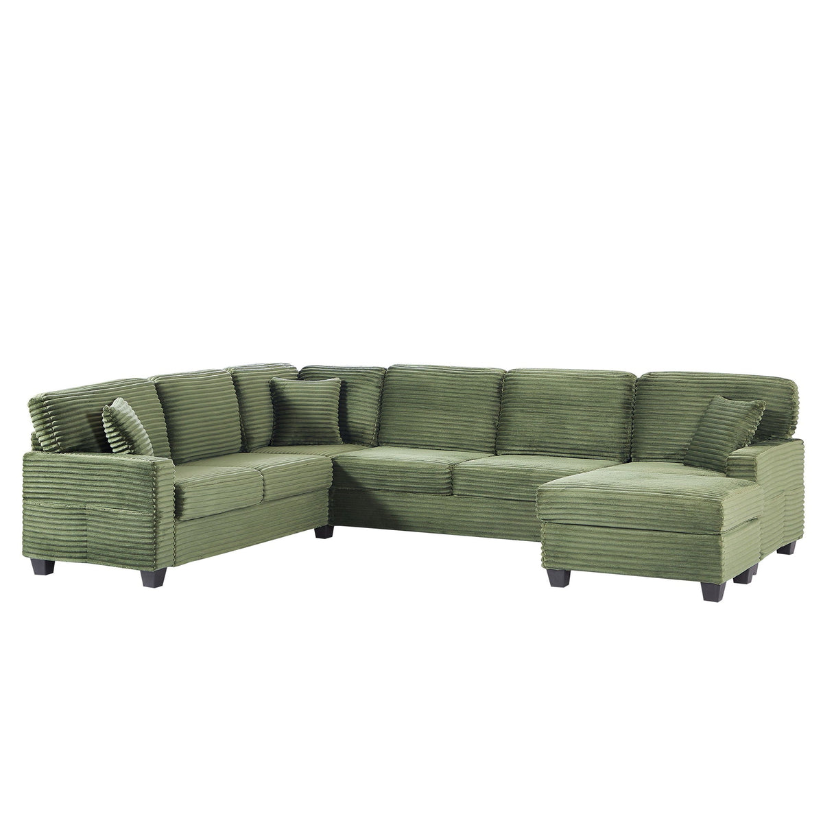 Upholstered U-shaped sectional sofa in olive green with movable ottoman and storage pockets on Tampa Home & Garden Store