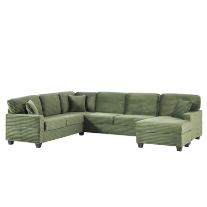 Upholstered U-shaped sectional sofa in olive green with movable ottoman and storage pockets on Tampa Home & Garden Store