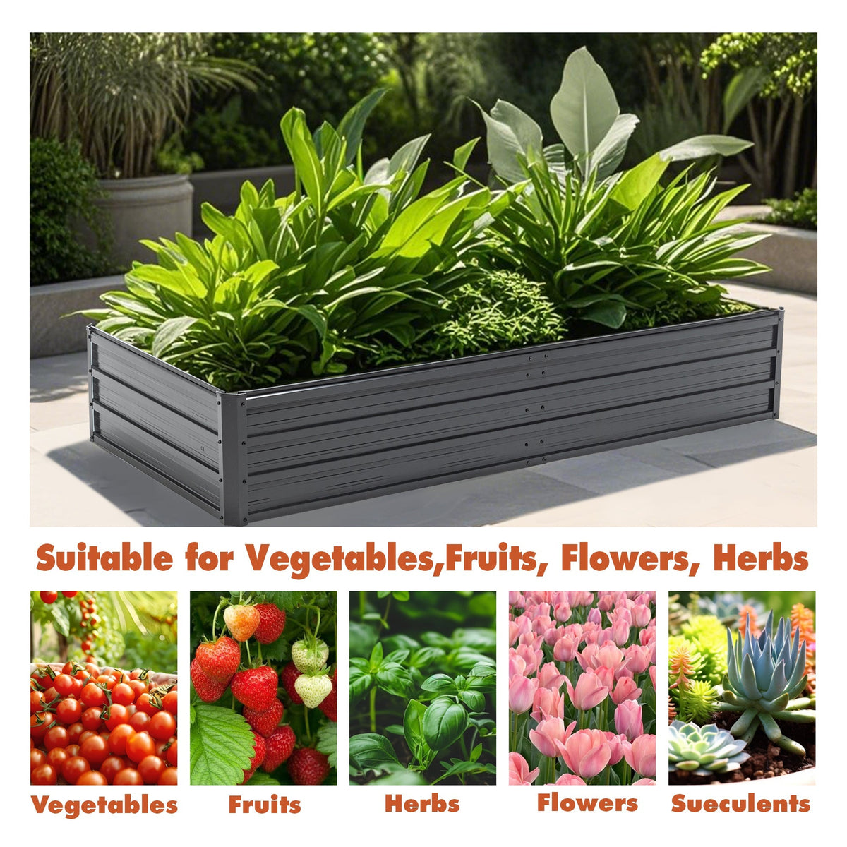 Metal raised garden bed 6x3x1 ft gray by HouseOfZazla with lush green plants on Tampa Home & Garden Store