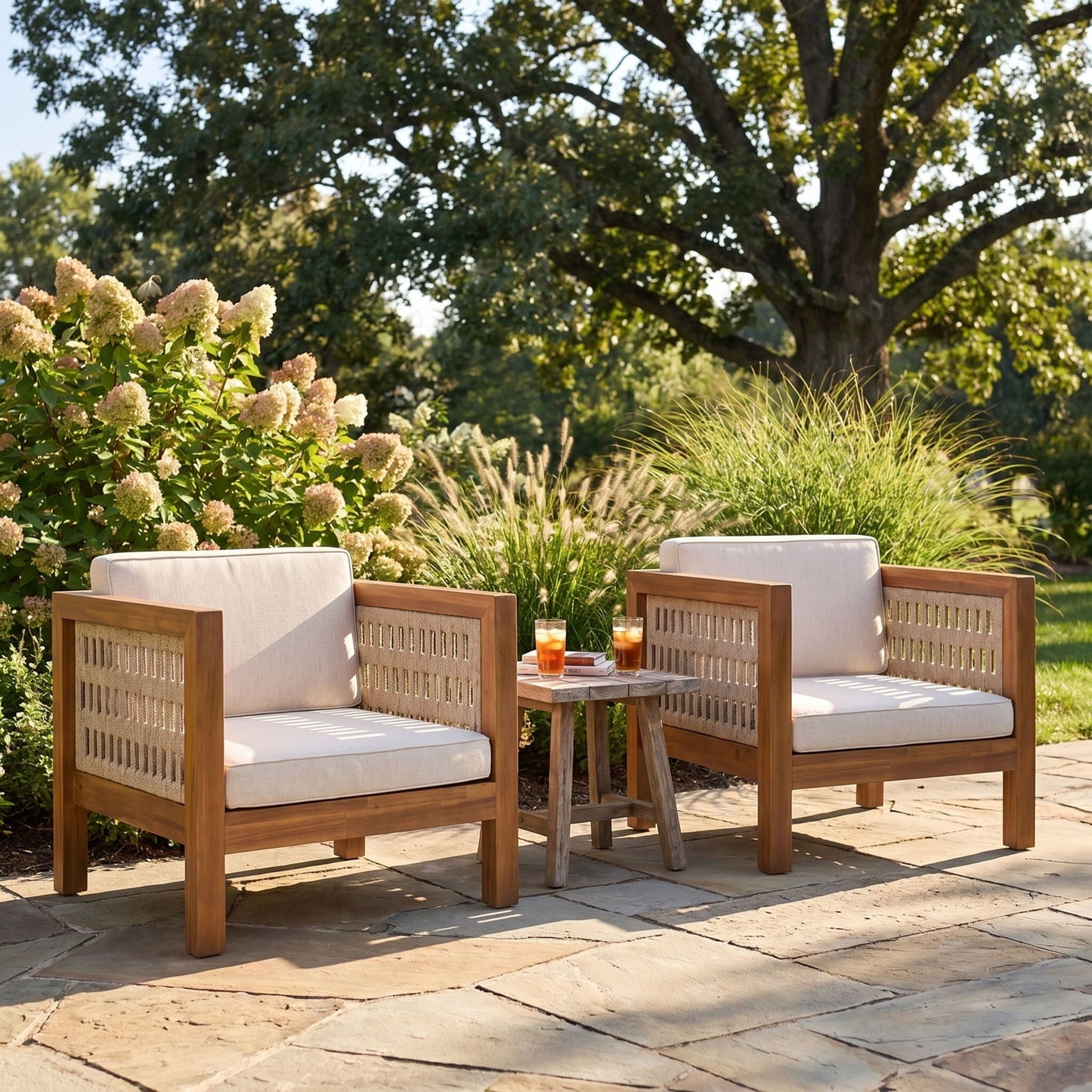 Outdoor club chairs with rope arms, beige cushions, wood frames, 2-seat set by HouseOfZazla on Tampa Home & Garden Store