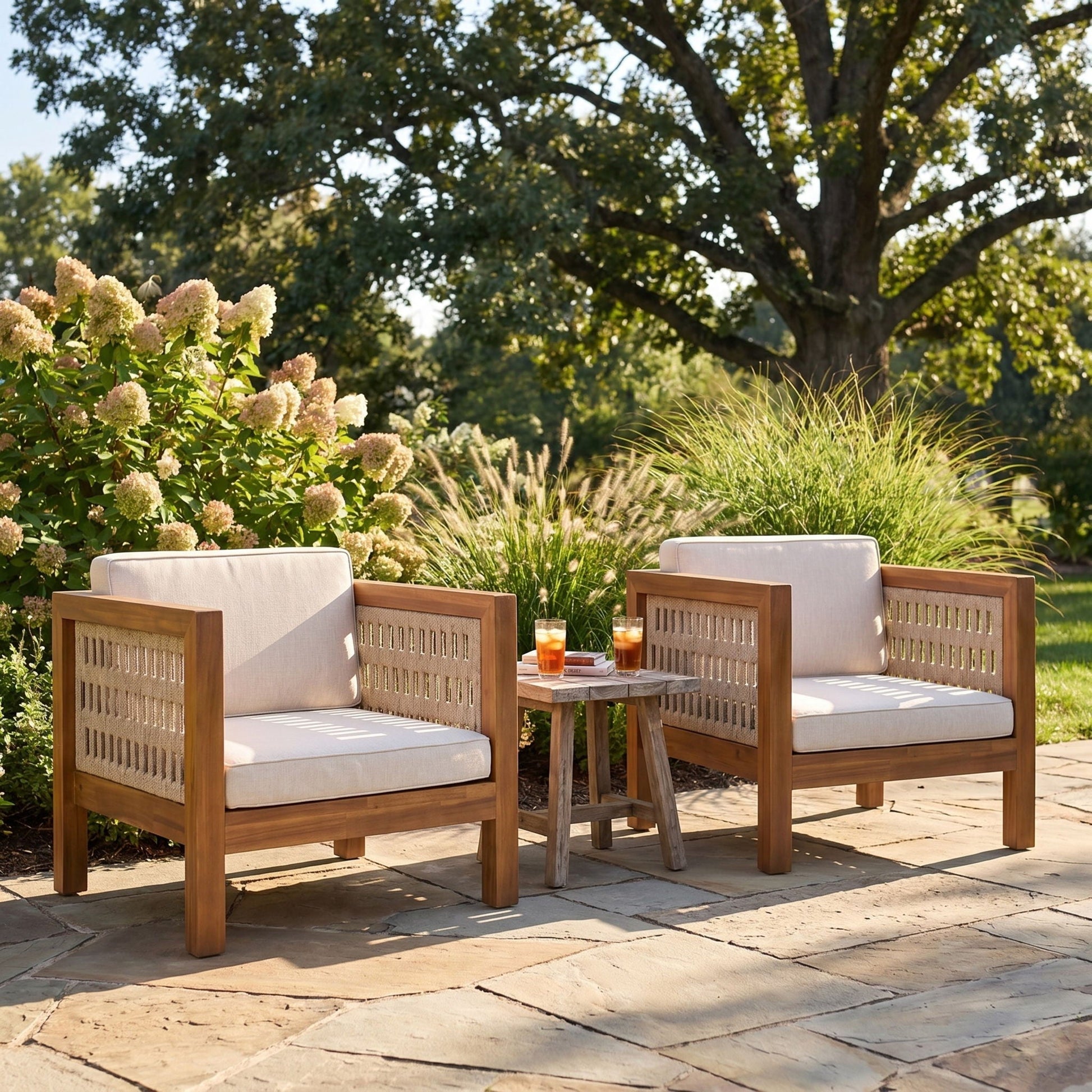 Outdoor club chairs with rope arms, beige cushions, wood frames, 2-seat set by HouseOfZazla on Tampa Home & Garden Store