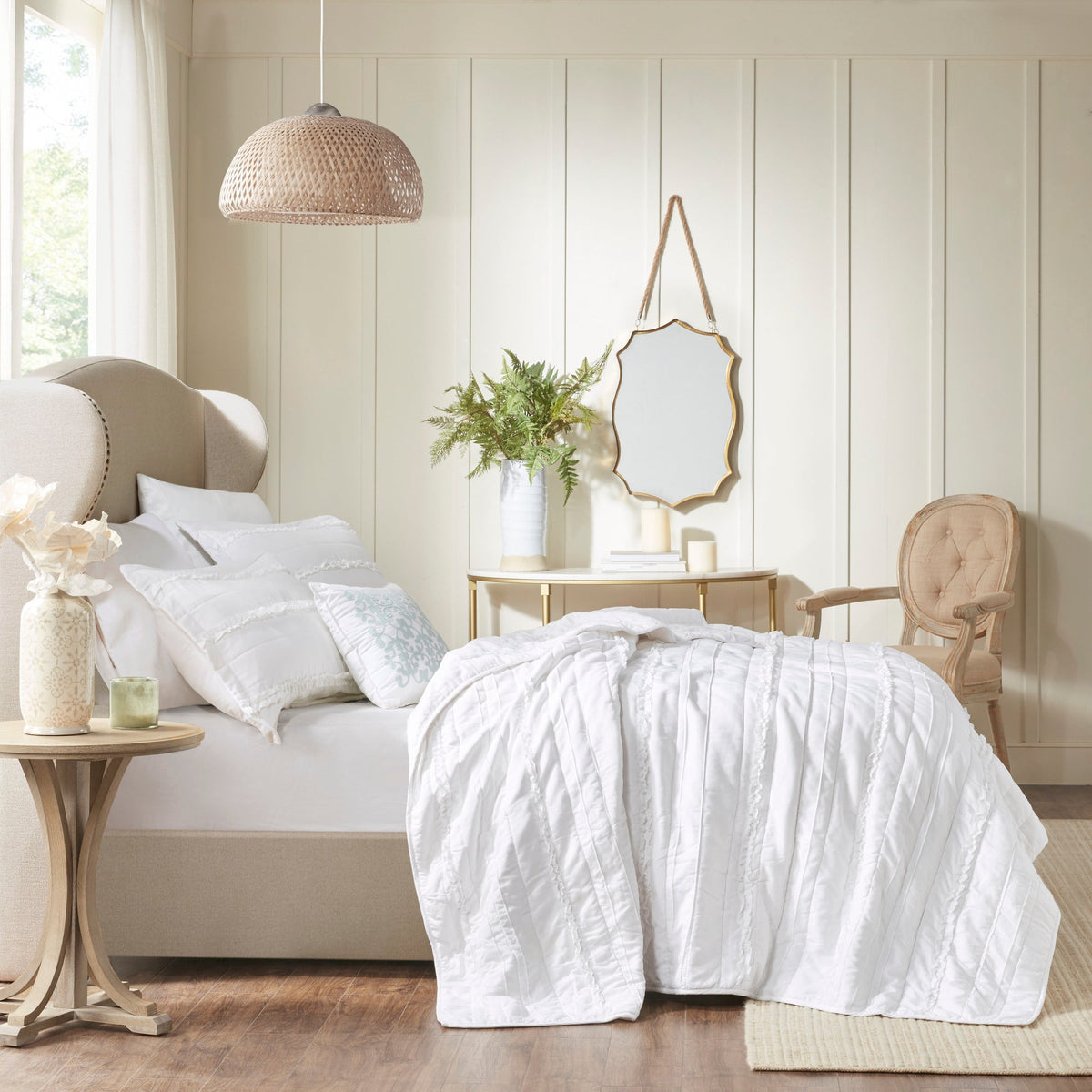 White reversible ruffle quilt set with embroidered throw pillow, King/Cal King on Tampa Home & Garden Store