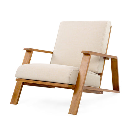 Outdoor patio lounge chairs set of 2 with beige cushions and wooden frames on Tampa Home & Garden Store