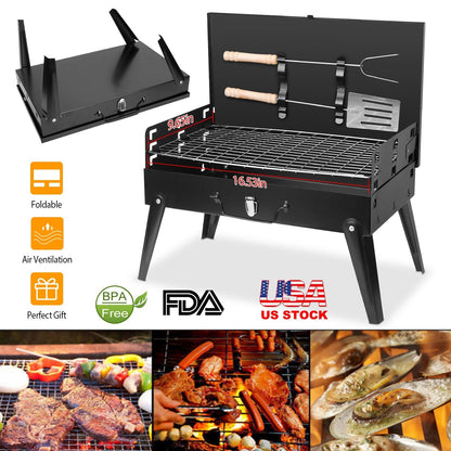 GemGear black portable foldable charcoal grill suitcase with metal grate and wooden skewers on Tampa Home & Garden Store