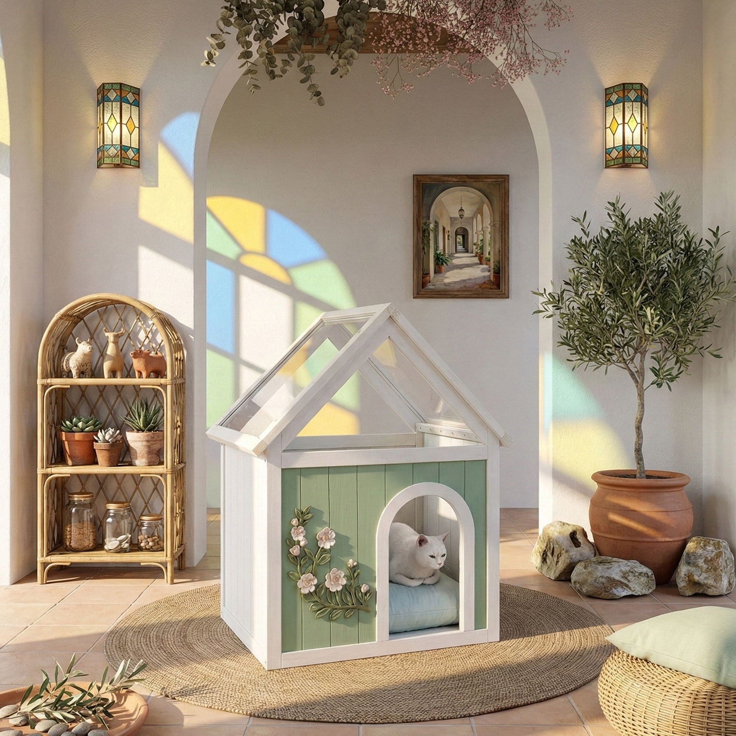 Indoor cat house mint/white with clear roof by HouseOfZazla; cozy pet shelter on Tampa Home & Garden Store