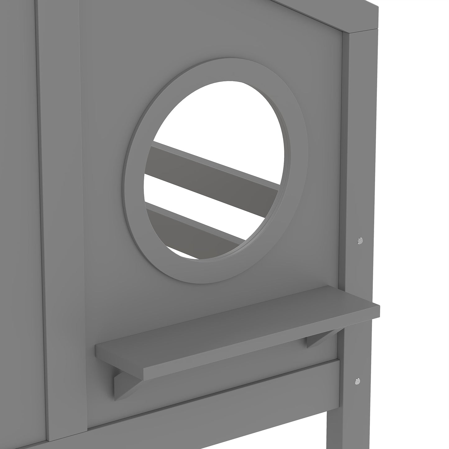 Twin House Bunk Bed with Slide and Storage Shelves gray frame with circular side cutout on Tampa Home & Garden Store