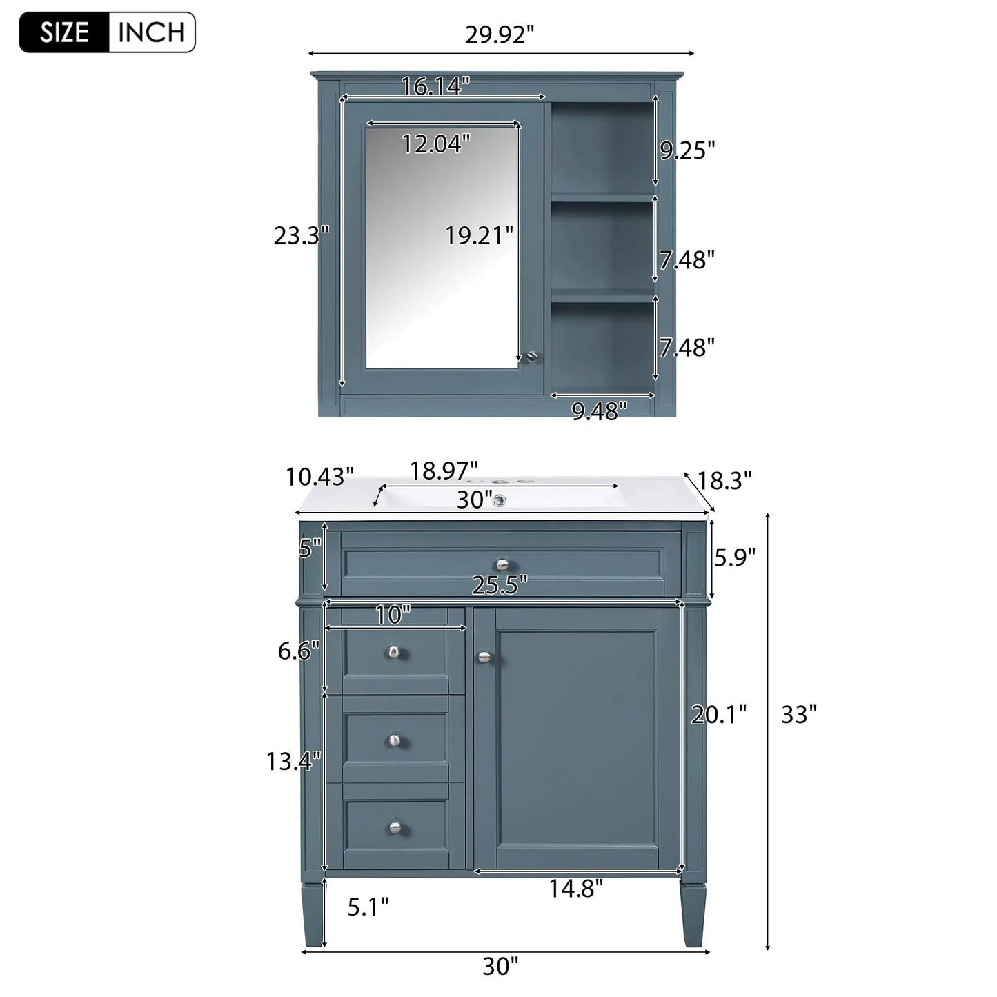 Blue-gray bathroom vanity with medicine cabinet; storage, 2 soft-closing doors and 4 drawers on Tampa Home & Garden Store