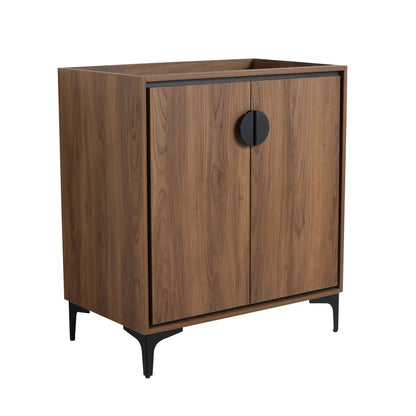 Modern vanity storage cabinet in walnut engineered wood with soft closing doors and black legs on Tampa Home & Garden Store