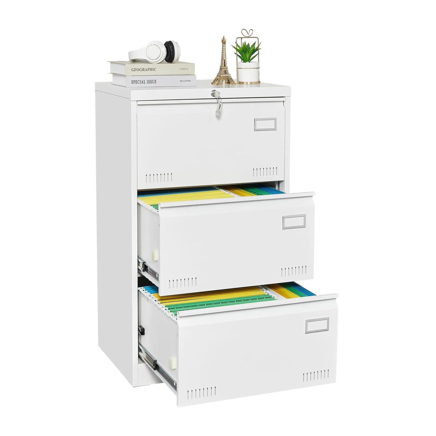 White metal file cabinet 3-drawer locking unit with top lock; bottom drawer with folders on Tampa Home & Garden Store