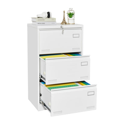 White locking metal filing cabinet with 3 drawers and key lock, bottom drawer reveals colored file folders HouseOfZazla on Tampa Home & Garden Store
