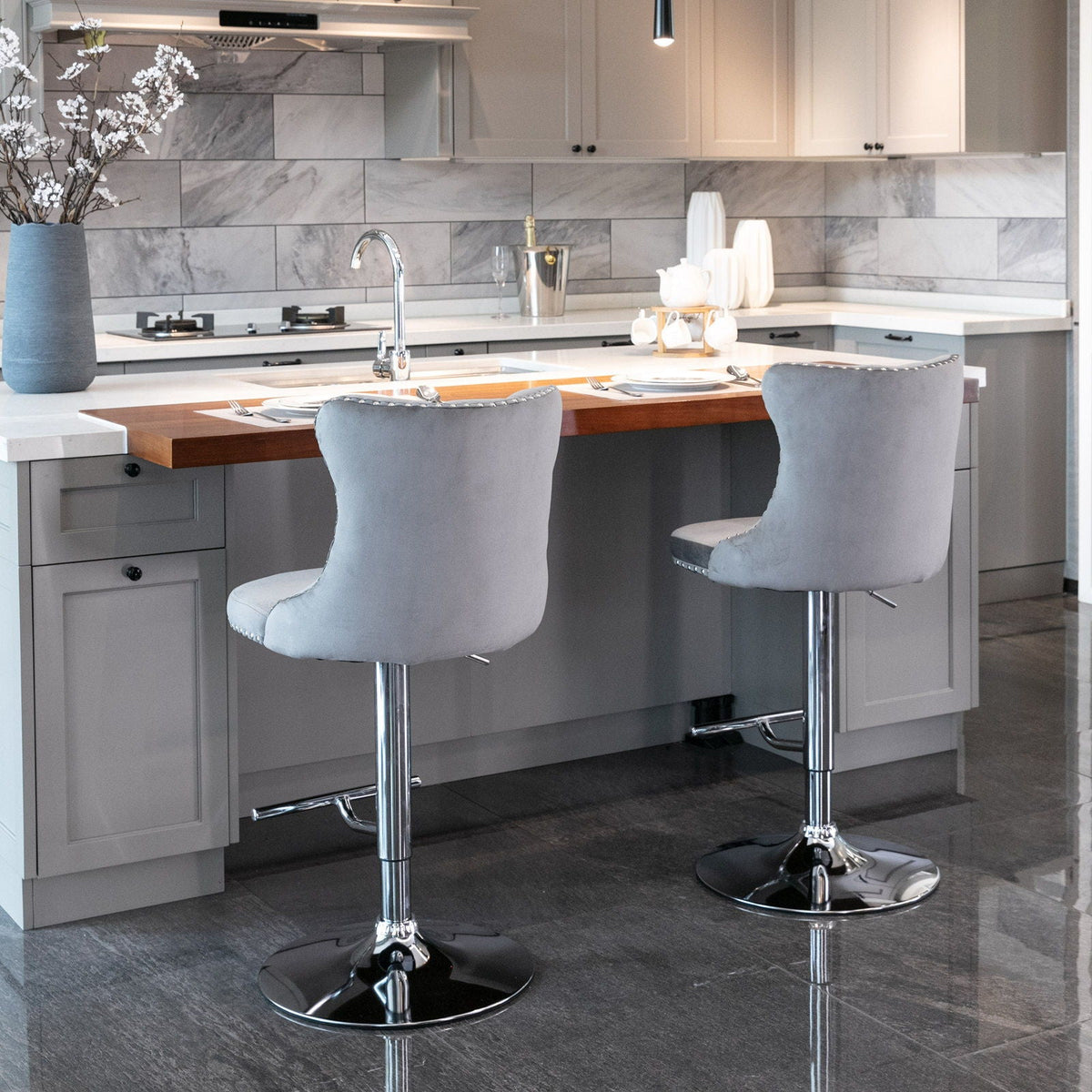 Swivel adjustable height barstools, gray fabric upholstery, chrome pedestal bases, set of 2 on Tampa Home & Garden Store