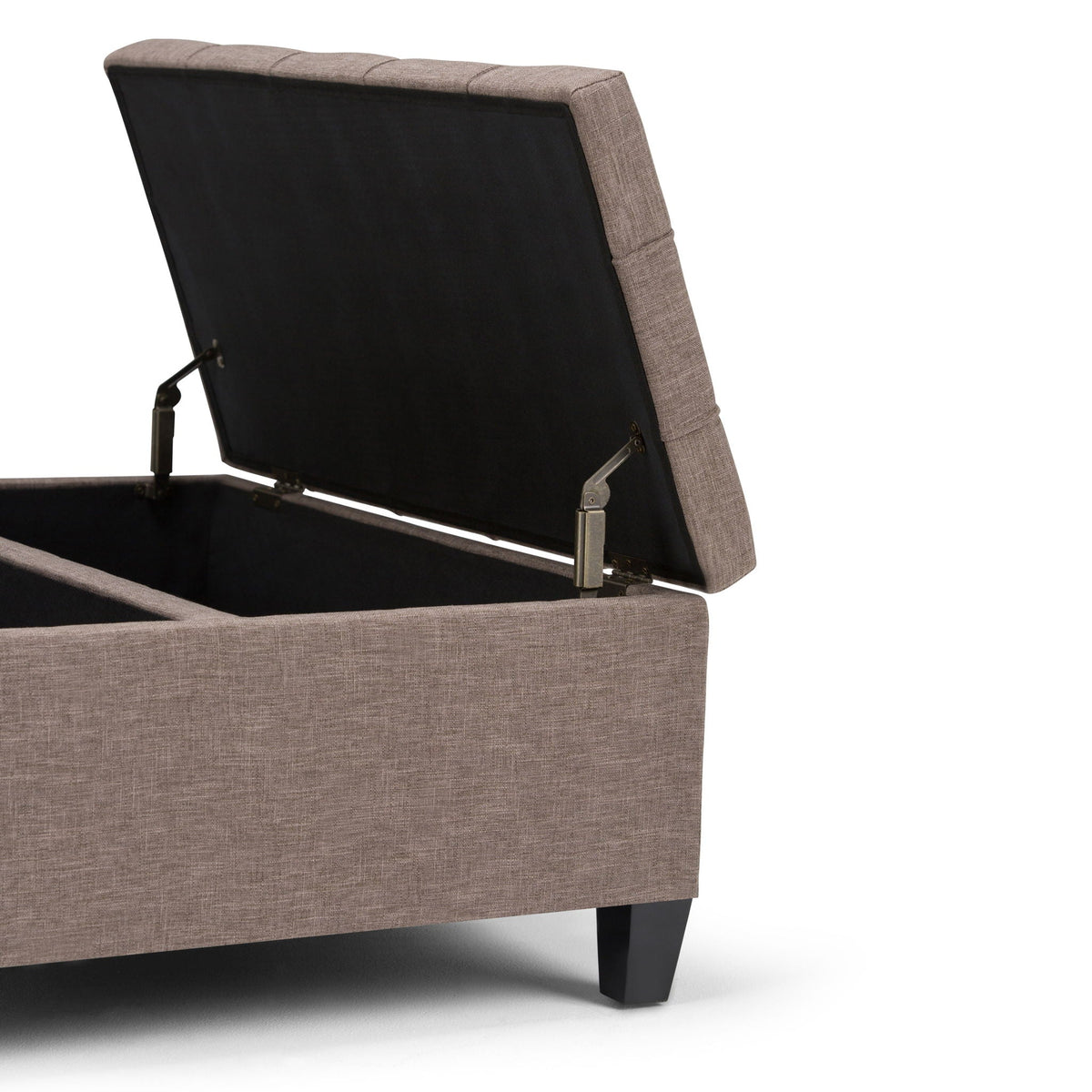 Harrison Tufted Lift Top Storage Ottoman, taupe fabric with black interior on Tampa Home & Garden Store