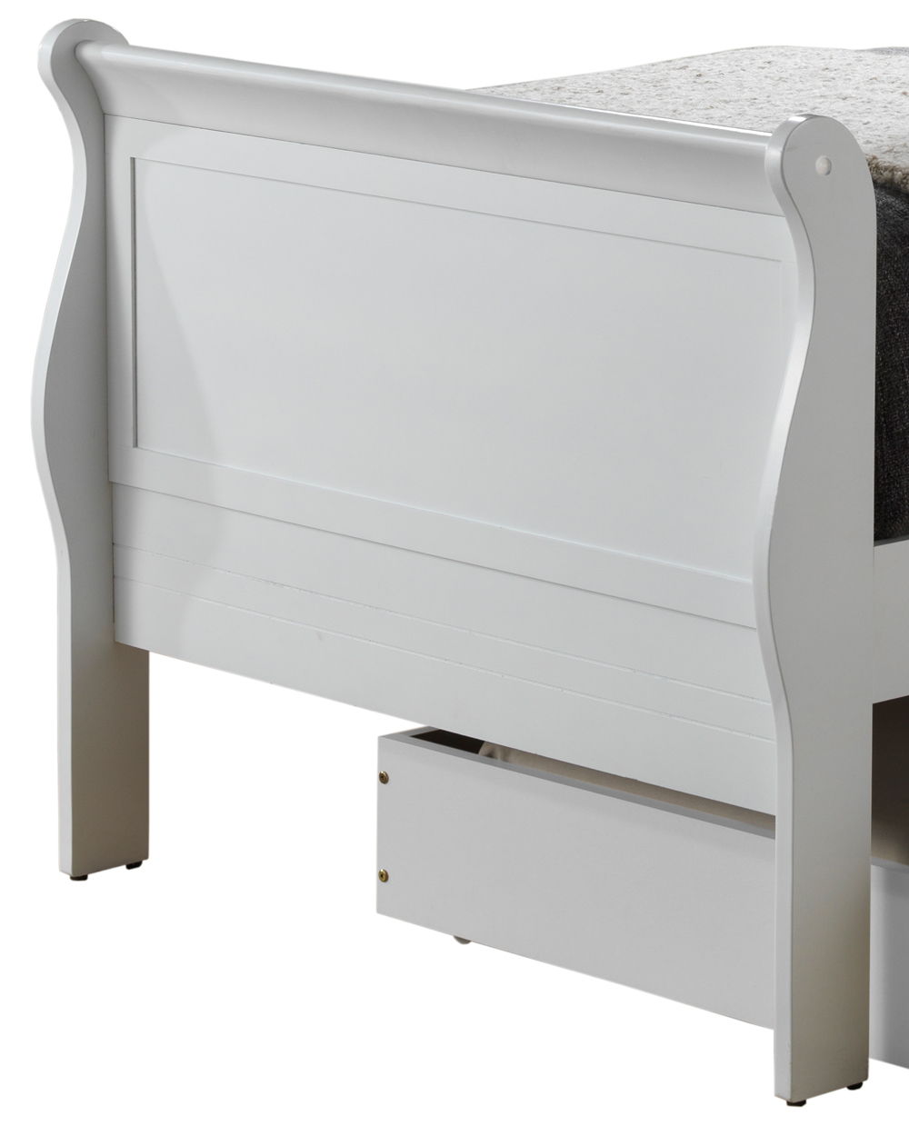 White wooden trundle bed frame with curved rails and integrated under-bed storage drawer on Tampa Home & Garden Store
