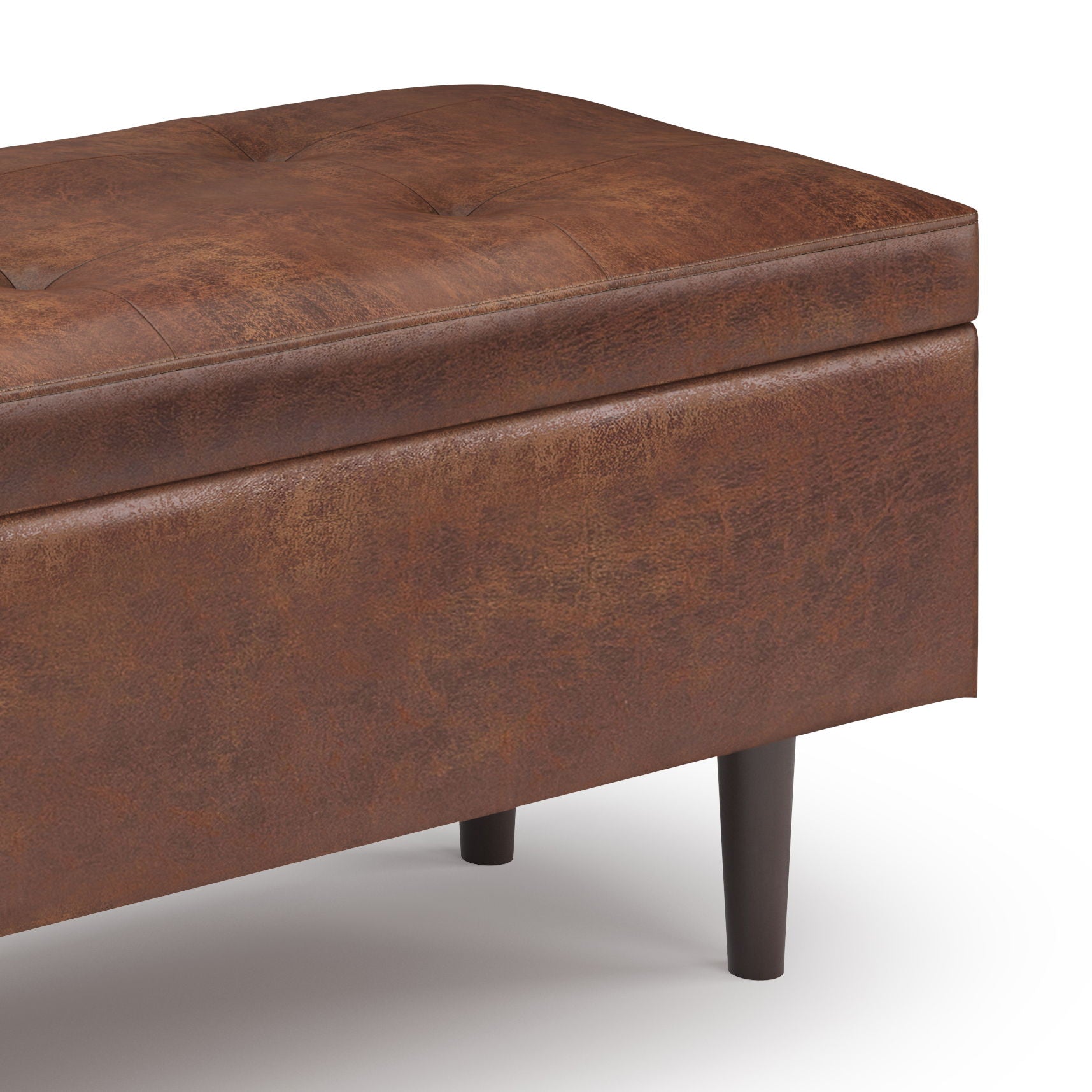 Shay storage ottoman square in brown distressed leather with tufted top mid-century style on Tampa Home & Garden Store