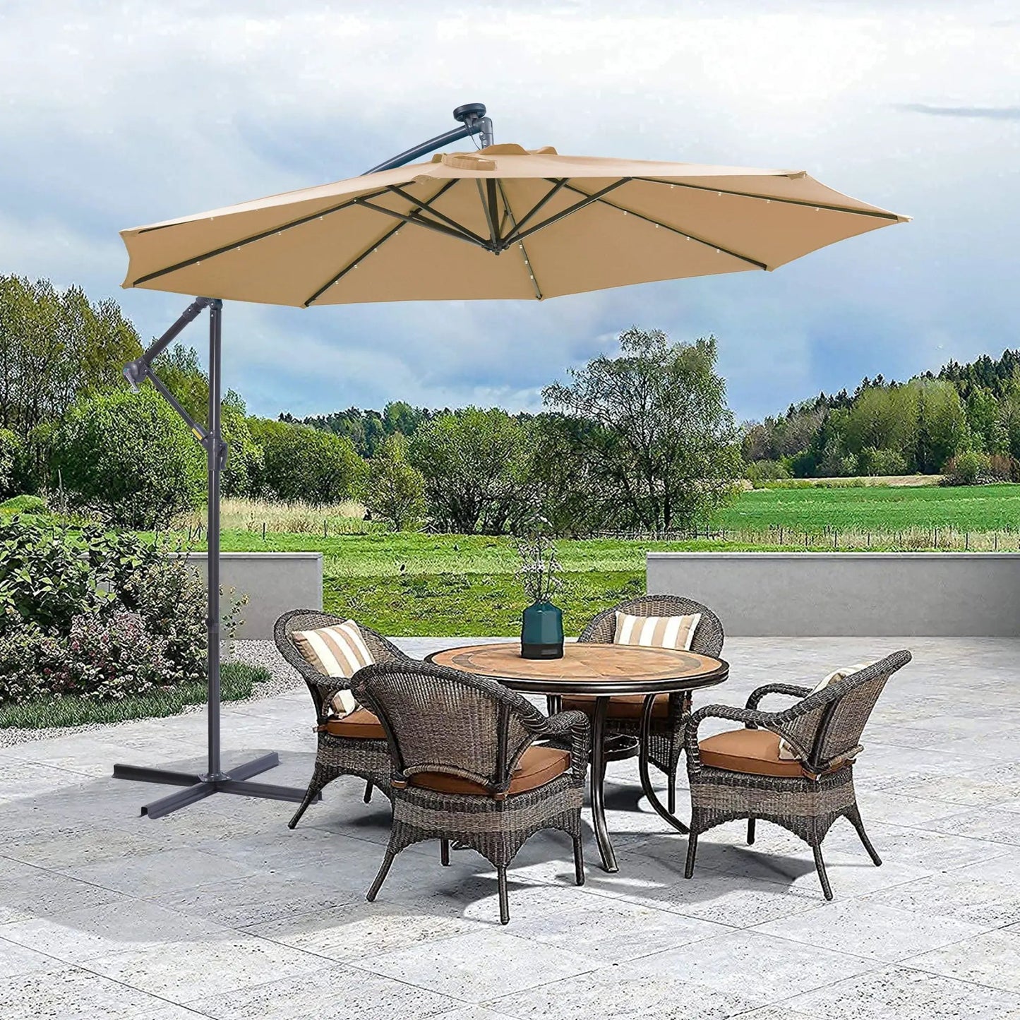 Outdoor cantilever patio umbrella taupe with 32 LED lights, 10 ft hanging design, metal frame on Tampa Home & Garden Store