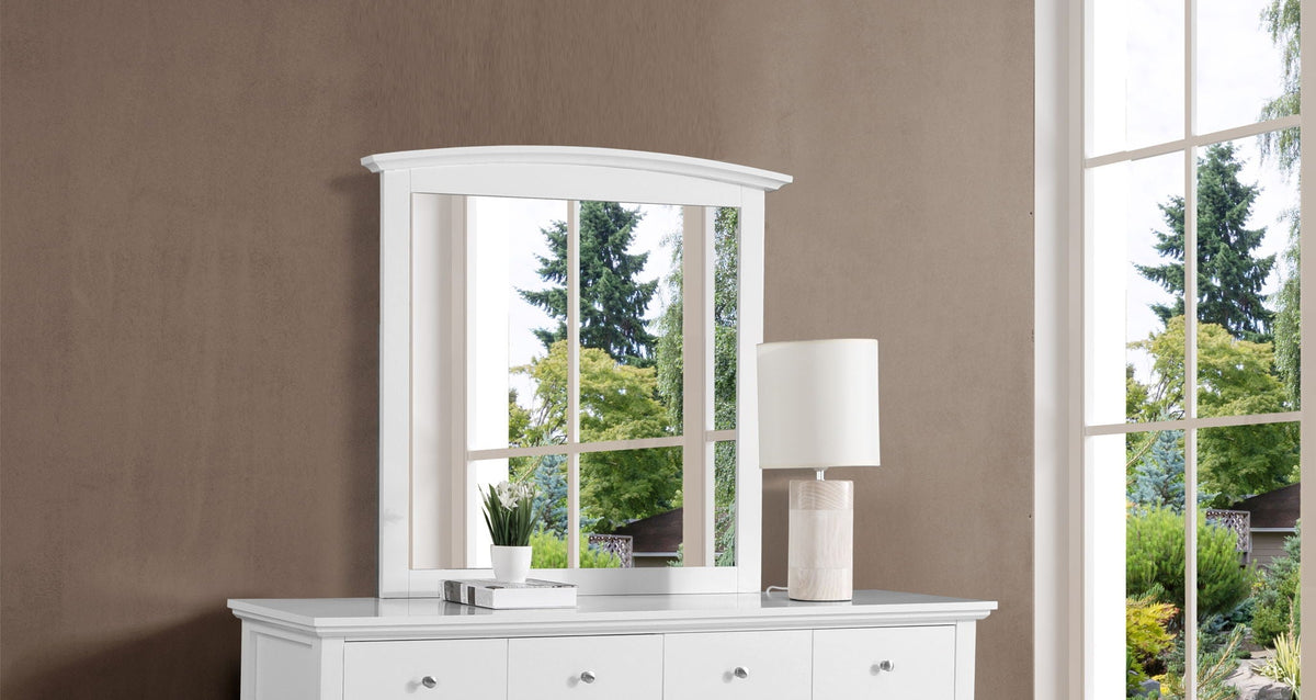 Elegant wall mirror with wood veneer frame and windowpane grid above a dresser on Tampa Home & Garden Store