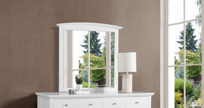 Elegant wall mirror with wood veneer frame and windowpane grid above a dresser on Tampa Home & Garden Store