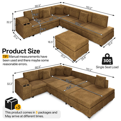 Luxury Camel L Shaped Sofa And Ottoman Set