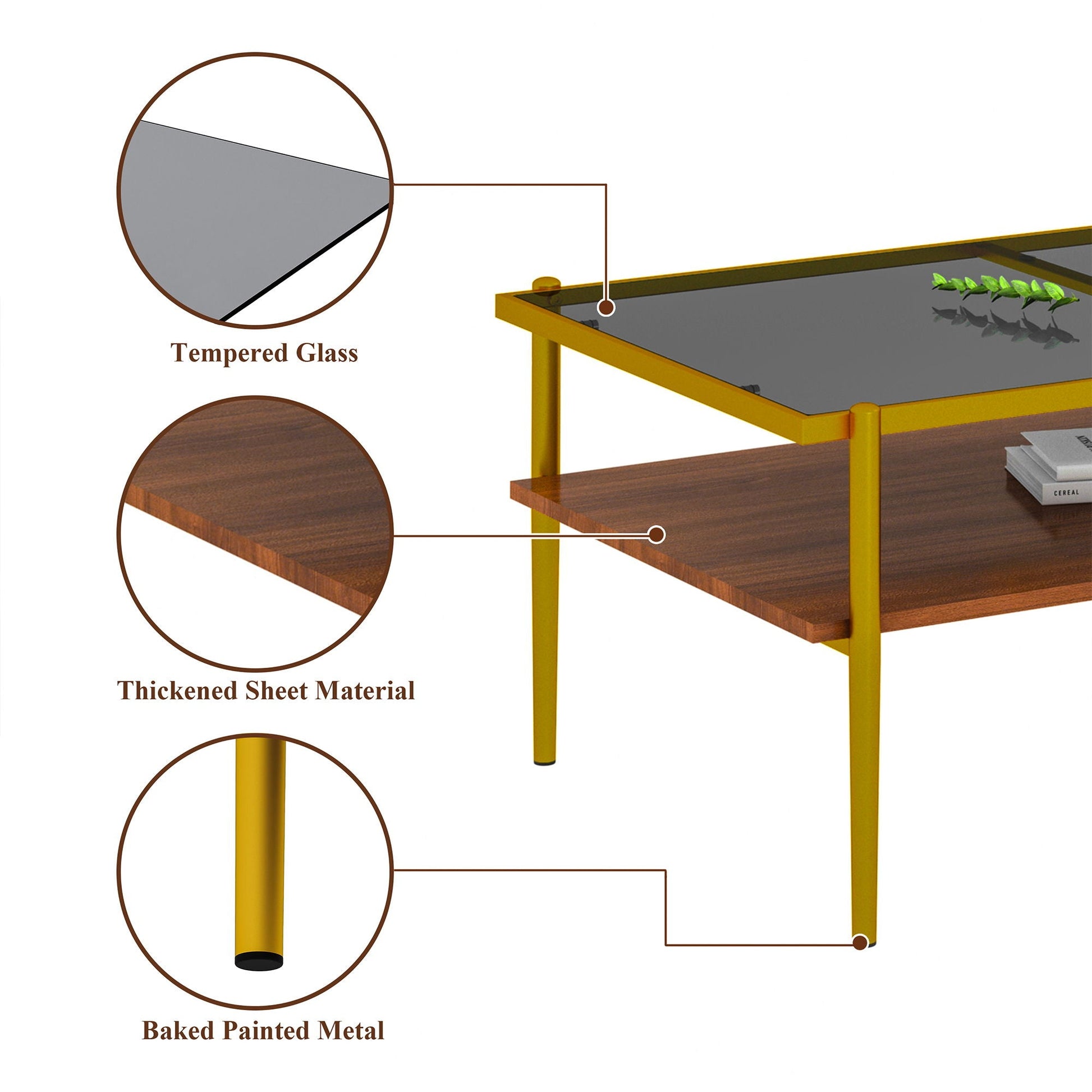Rectangle coffee table with tempered glass top and yellow baked-painted metal frame and shelf on Tampa Home & Garden Store