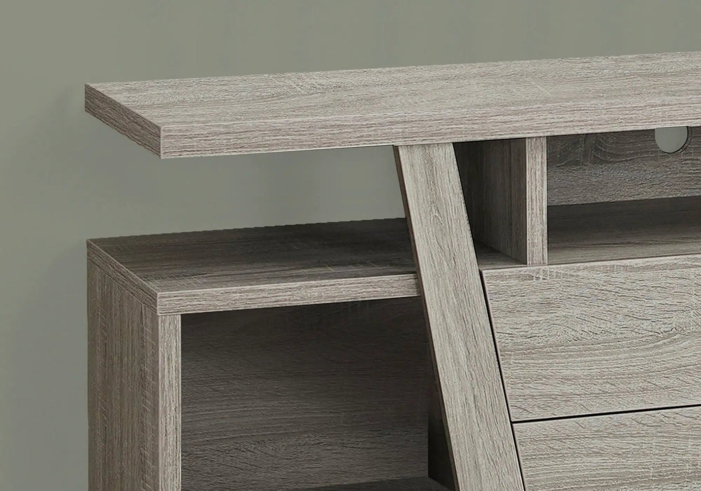 TV stand taupe wood grain with open shelves and angled cross legs on Tampa Home & Garden Store