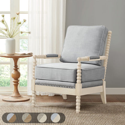 Open Back Spindle Arm Chair with Padded Armrests in light blue, beige, and gray upholstery on Tampa Home & Garden Store